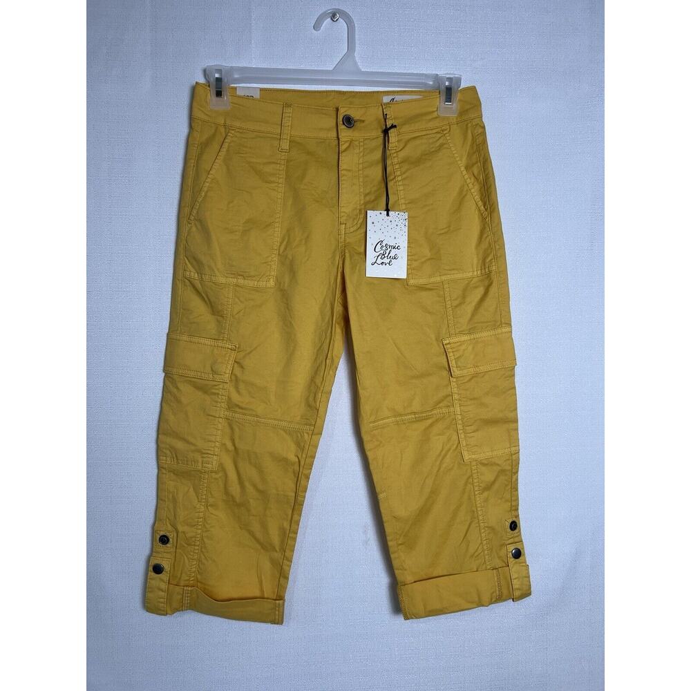 Cosmic Blue Love Yellow Cargo Crop Pants Womens Waist 27P